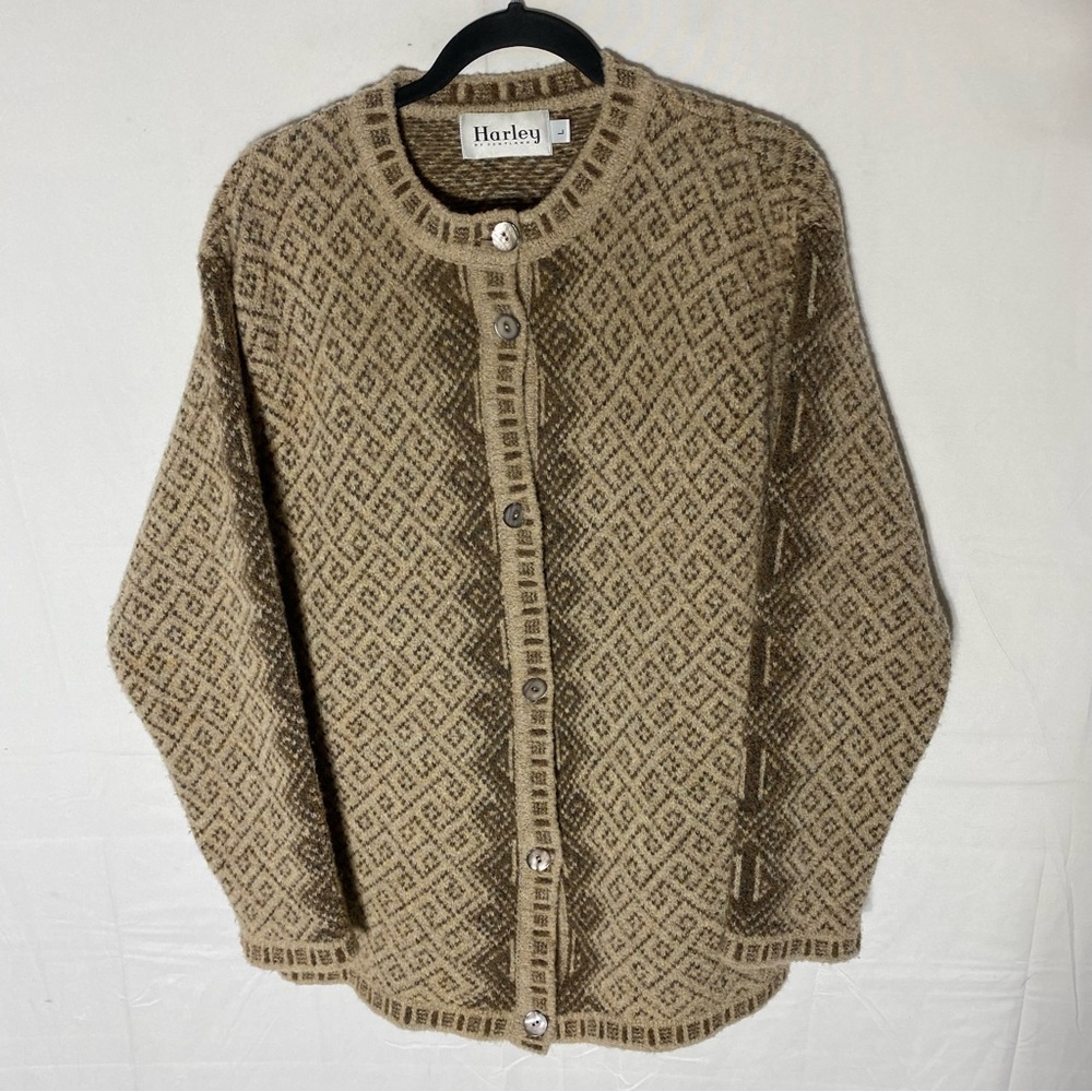 Harley Of Scotland Tan Beige Merino Wool Button Front Crew Neck Cardigan L Boho